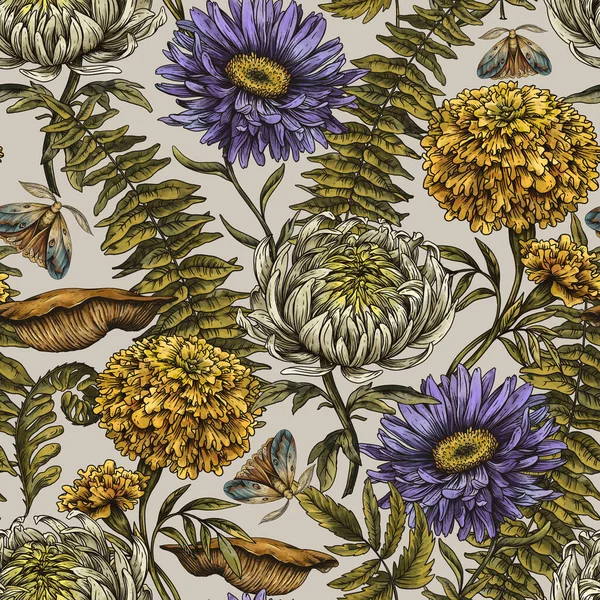 Vintage Höst Blommor Sömlös Mönster Klassiska Botaniska Aster Marigold Krysantemum — Stockfoto