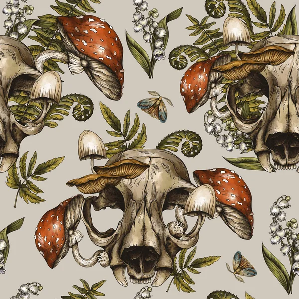Vintage Animal Skull Seamless Pattern Amanita Mushroom Texture Fern Forest — 스톡 사진