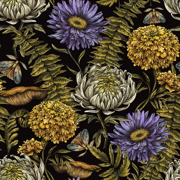 Évjárat Őszi Virágok Zökkenőmentes Minta Klasszikus Botanikus Aster Marigold Krizantém — Stock Fotó