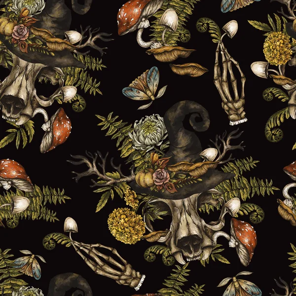 Halloween Seamless Pattern Vintage Animal Skull Amanita Mushroom Texture Fern — 스톡 사진