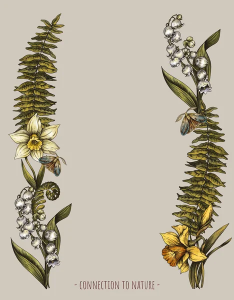 Ročník Jarní Květiny Věnec Klasické Botanické Daffodil Květinové Přání Moth — Stock fotografie