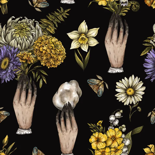 Vintage Μαγεία Φθινόπωρο Λουλούδια Αδιάλειπτη Μοτίβο Χέρι Μάγισσα Μαγεία Μυστήριο — Φωτογραφία Αρχείου