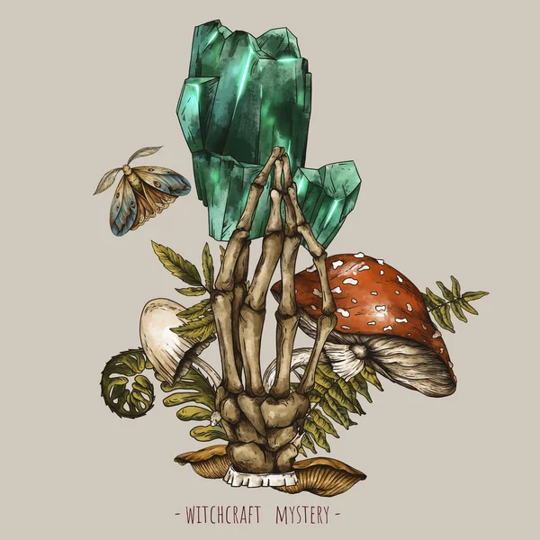 Magische Hexenhand Und Kristallillustration Emerald Birthstone Amanita Pilz Motte Und — Stockfoto