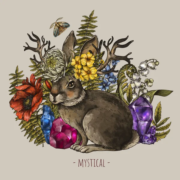 Mystischer Hase Mit Hörnern Vintage Wicca Illustration Fantasiewesen Blühende Blumen — Stockfoto