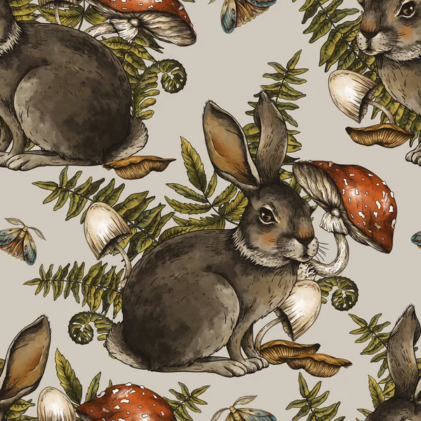 Woodland Hare Seamless Pattern Amanita Mushroom Texture Fern Και Moth — Φωτογραφία Αρχείου