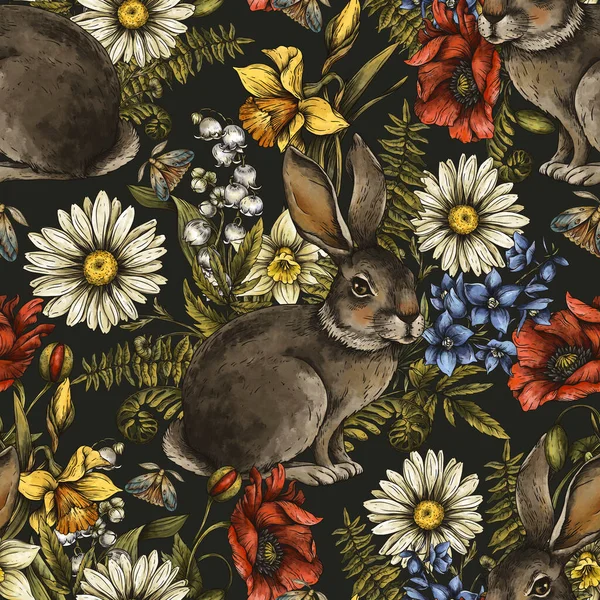 Woodland Hare Seamless Pattern Αγριολούλουδα Daisy Poppy Summer Flowers Υφή — Φωτογραφία Αρχείου