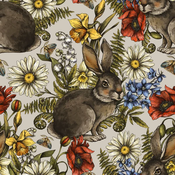 Woodland Hare Seamless Pattern Αγριολούλουδα Daisy Poppy Summer Flowers Υφή — Φωτογραφία Αρχείου