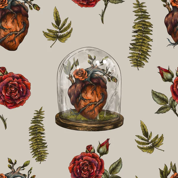 Vintage Floral Human Heart Seamless Pattern Μαγικό Δάσος Φυτά Amanita — Φωτογραφία Αρχείου