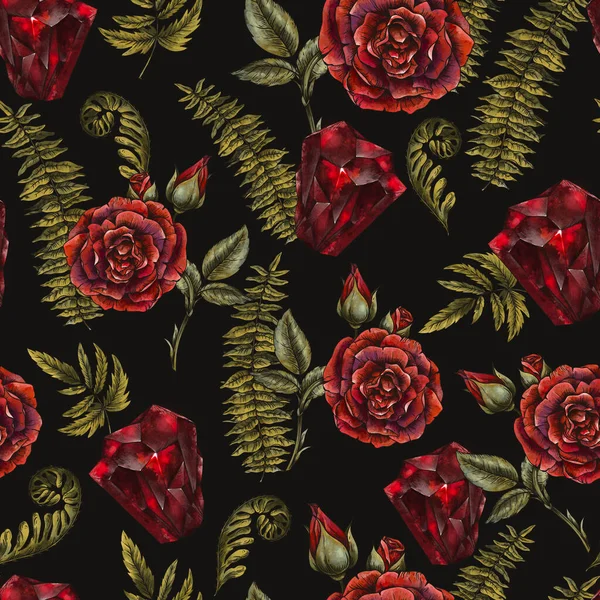 神奇的红玫瑰无缝纹图案 花朵巫术纹理 黑壁纸 — 图库照片
