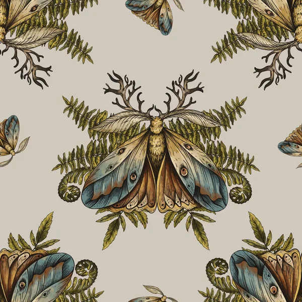 Vintage Moth Fern Seamless Pattern Woodland Texture Μαγεμένο Ταπετσαρία Δάσους — Φωτογραφία Αρχείου