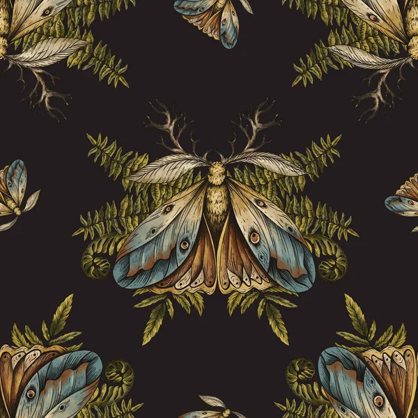 Vintage Moth Und Farn Nahtlose Muster Waldstruktur Enchanted Forest Wallpaper — Stockfoto