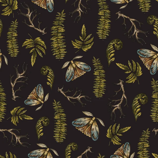 Vintage Moth Fern Seamless Pattern Woodland Texture Μαγεμένο Ταπετσαρία Δάσους — Φωτογραφία Αρχείου