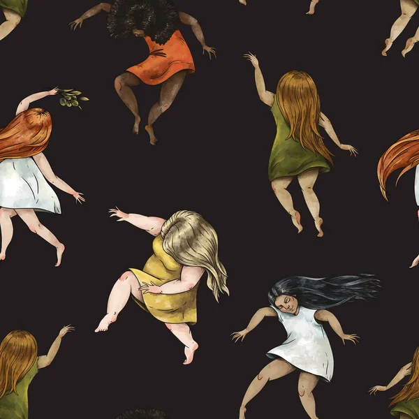 Dansande Unga Flickor Sömlös Mönster Grön Häxa Hand Tecknad Illustration — Stockfoto