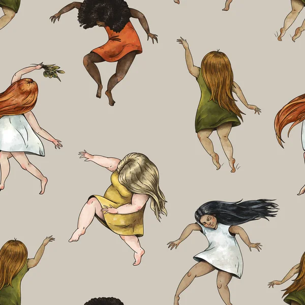 Танцующие Девушки Бесшовный Узор Зеленая Ведьма Рисунок Иллюстрации Волшебный Танец — стоковое фото