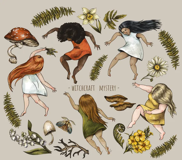 Illustration Magischer Pflanzen Grüne Hexe Tanz Der Jungen Mädchen Mysterientanz — Stockfoto