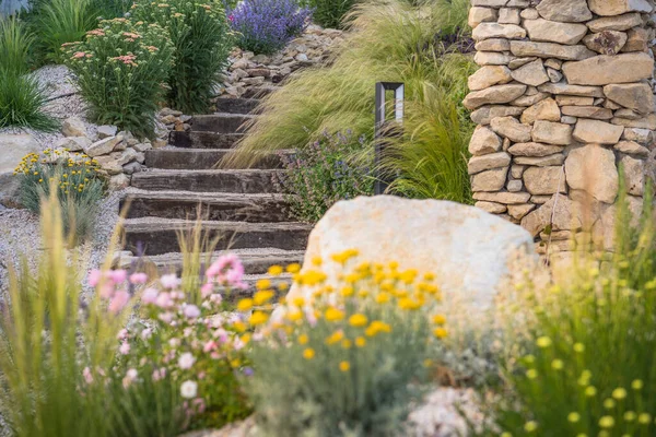 Rustic Wooden Stairs Stone Wall Garden — Foto de Stock