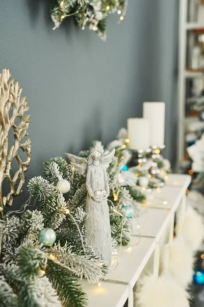 Soggiorno Natale Decorazione Blu Bianco Albero Natale Sfondo Festeggiamenti Capodanno — Foto Stock