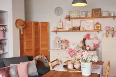 Pembe oturma odası ve mutfak. Stüdyo daire. Çatı katı. Raflar ve bahar dekorları odada. Kiralama ve konut teslimatı. Pansiyon ve otel.
