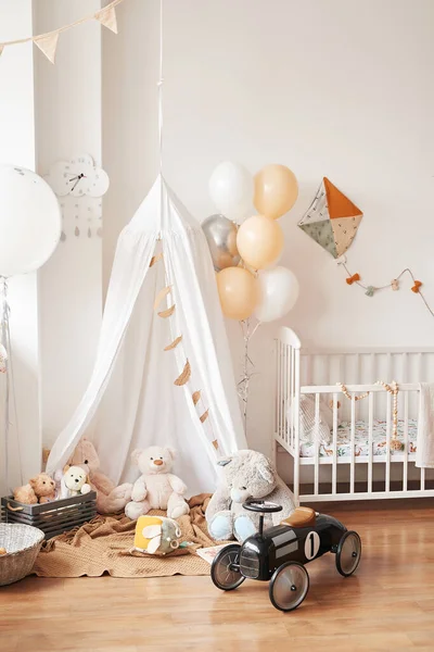 Scandinavian Style Children`s Room Interior. a Cozy Oval Baby Bed Cradle  Stock Image - Image of decoration, frame: 160462721