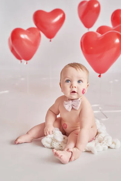Valentine Baby Boy Kiss Cheek Valentine Day Balls Flowers Celebration — Stock Photo, Image
