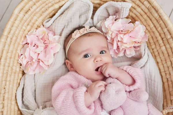 Bébé Fille Mignonne Tricot Couronne Avec Jouet Ours Peluche Fond — Photo