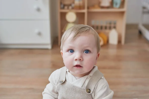 Wonderful Baby Boy Blue Eyes Child Playing Toys Nursery Early — Foto de Stock