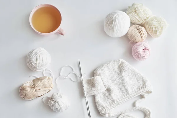 Process Knitting Baby Hat Skeins Yarn Knitting Needles Accessories Knitting — Stock Fotó