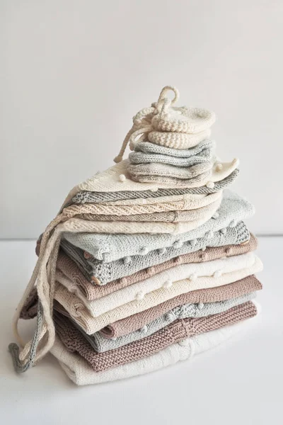 Stack Knitted Clothes Baby Clothes Needlework Hobby Knitting Handwork — Stock Photo, Image