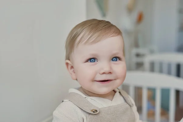 Wonderful Baby Boy Blue Eyes Child Playing Toys Nursery Early — Foto de Stock