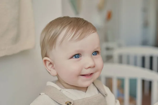 Wonderful Baby Boy Blue Eyes Child Playing Toys Nursery Early — Foto de Stock