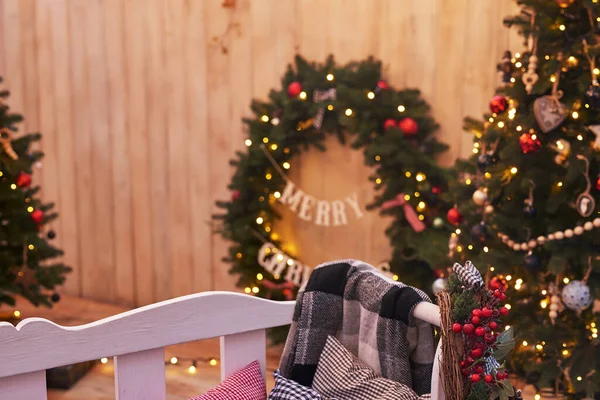 Ano Novo Decorações Quintal Natal Árvore Natal Grinalda Presentes Férias — Fotografia de Stock