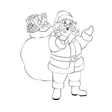 Beyaz arka planda hediyelerle dolu bir Noel Baba resmi.
