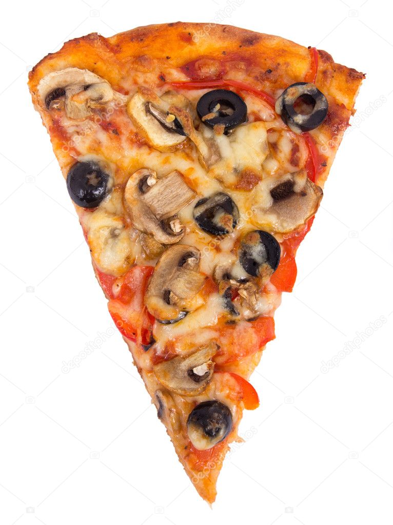 Mushroom and olive pizza slice over white background