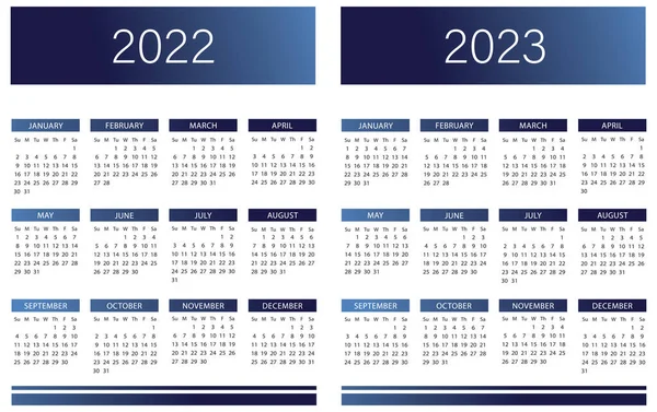 Azul Inglés Idioma Calendario 2022 2023 Vector Plantilla Texto Contorno — Vector de stock