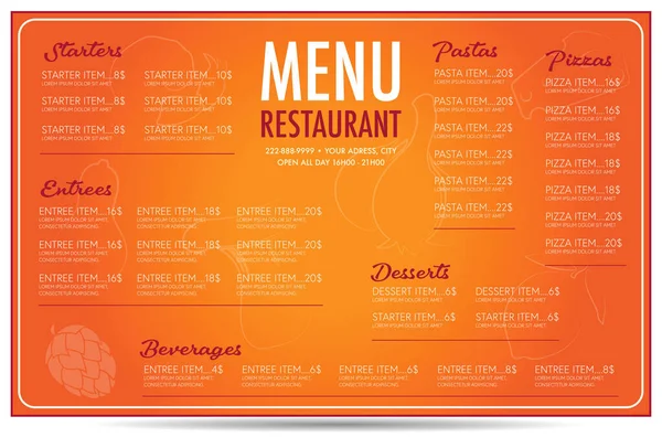 Restaurante Menú Volante Plantilla Diseño Naranja Fondo Fuentes Son Europa — Vector de stock