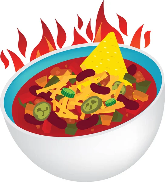 Delicous Fire Loaded Chili Con Carne Bowl Cheese Mexican Illustration — Stock Vector