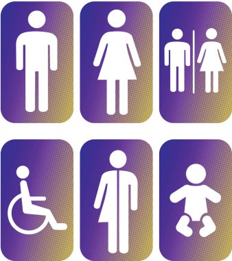 neon purple blue toilet restroom icon symbol vector illustration male female unisex handicap and baby