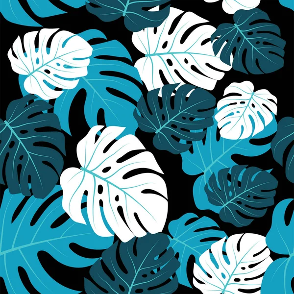 Beautiful Blue Tropical Monstera Leaves Foliage Seamless Pattern — стоковый вектор