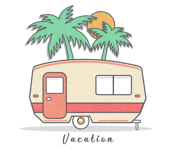 Camping Trailer Caravana Palmtrees Vintage Retro Design Ilustração Vetor Com —  Vetores de Stock