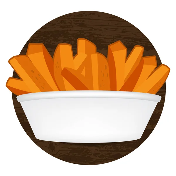 Sweet Potato Yam Wedge Fries Bowl Rustic Wood Background Food - Stok Vektor