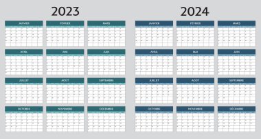 Calendar template for 2023 and 2024 year in french language. Planner diary layout template.  clipart