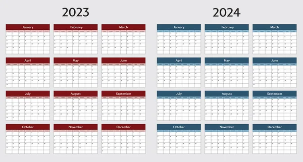 İngilizce şablonunda 2023 ve 2024 yılı takvimi