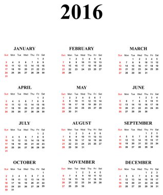 2016 için takvim
