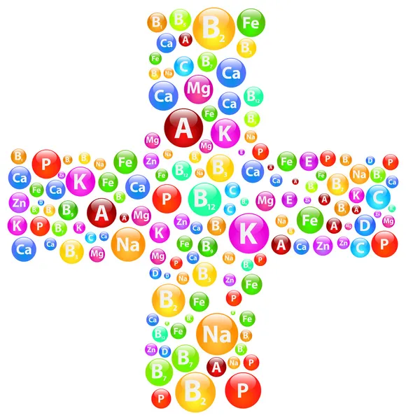 Symbole Croix médicale avec vitamines et minéraux — Image vectorielle
