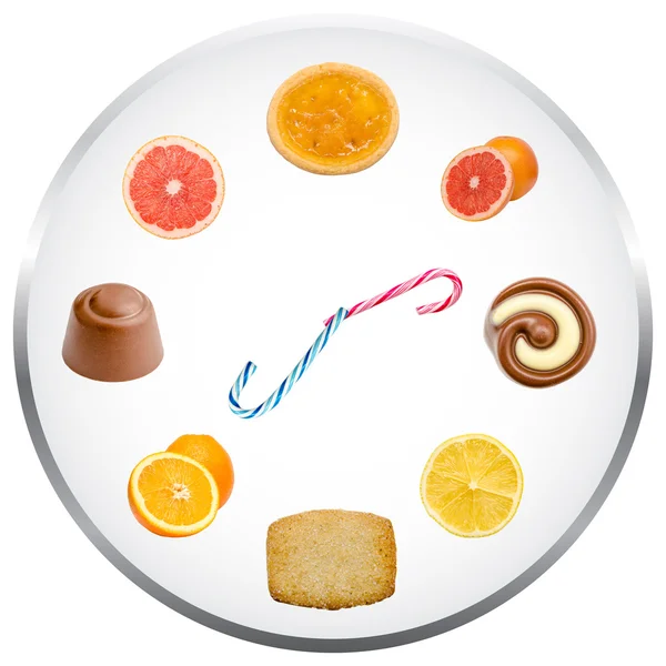 Koncepcja zegara słodyczy i owoców — Zdjęcie stockowe
