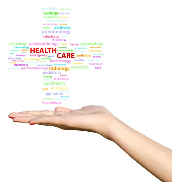 Young Girl Hand Holding Health Care Cross Word Cloud — Stock Photo, Image