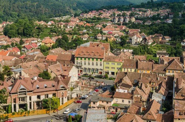 Sighisoara średniowieczna twierdza widok z lotu ptaka — Zdjęcie stockowe