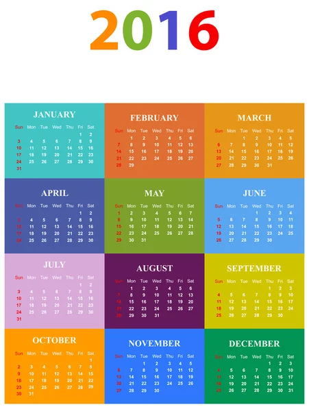 Calendrier saisonnier 2016 — Image vectorielle