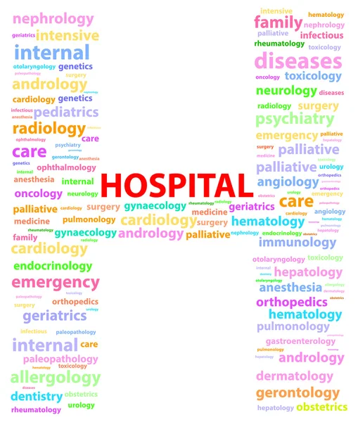 Hospital Sign With Medical Specialties Word Cloud — Stock Vector