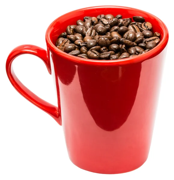 Copo de café vermelho com grãos de café — Fotografia de Stock
